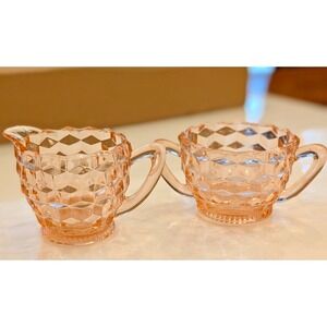Vintage Pink Depression Glass Pink --Jeanette Cube Pattern--Sugar and Creamer